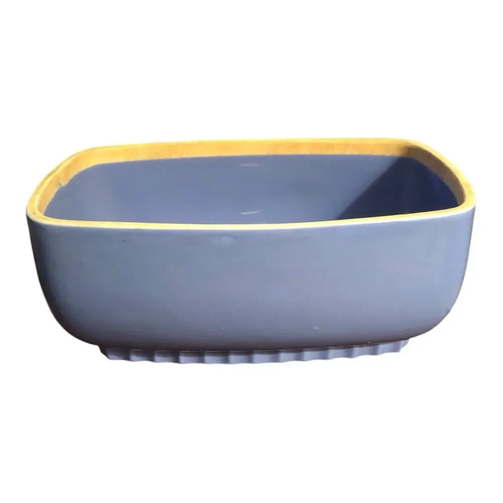 Vintage Hall Pottery Montgomery Ward Blue Gold Trim Rectangular Dish 8” USA